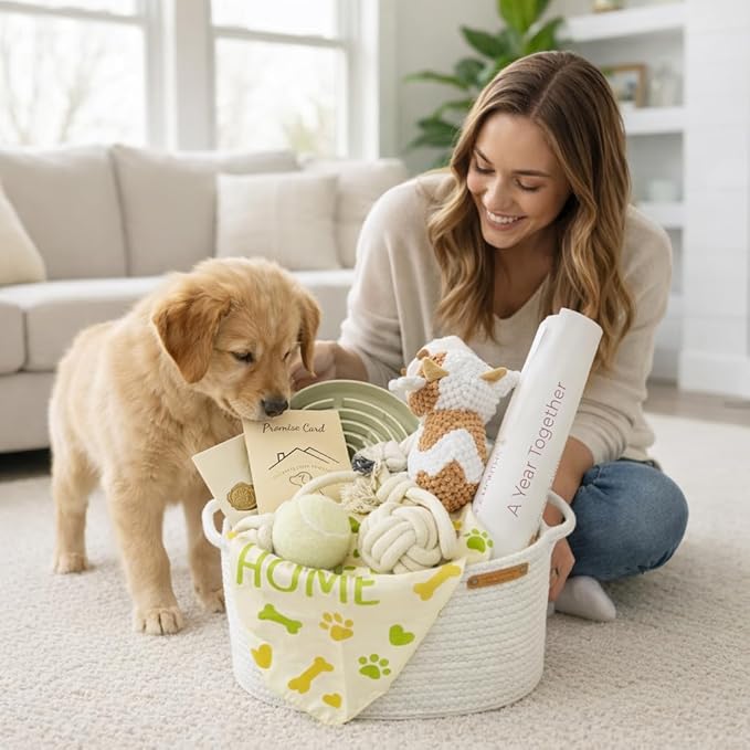 Puppy Welcome Home Gift Basket – New Puppy Starter Kit with Toys, Slow Feeder Bowl, Bandana, First Year Milestone Card & Promise Card, Puppy Gift Set for New Dog Owners