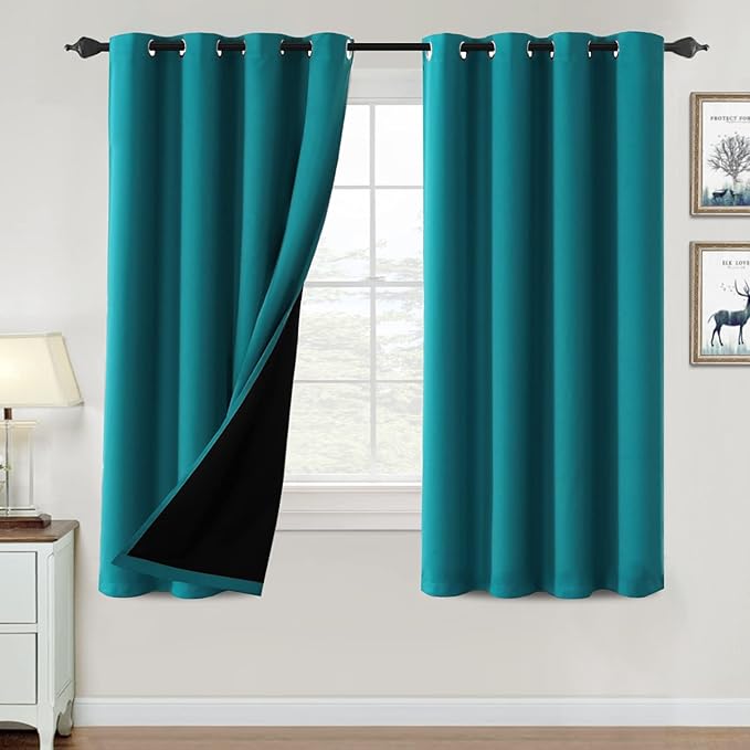 H.VERSAILTEX 100% Blackout Curtains for Bedroom Thermal Insulated Blackout Curtains 63 inch Length Heat and Full Light Blocking Curtains for Living Room with Black Liner 2 Panels, Turquoise Blue