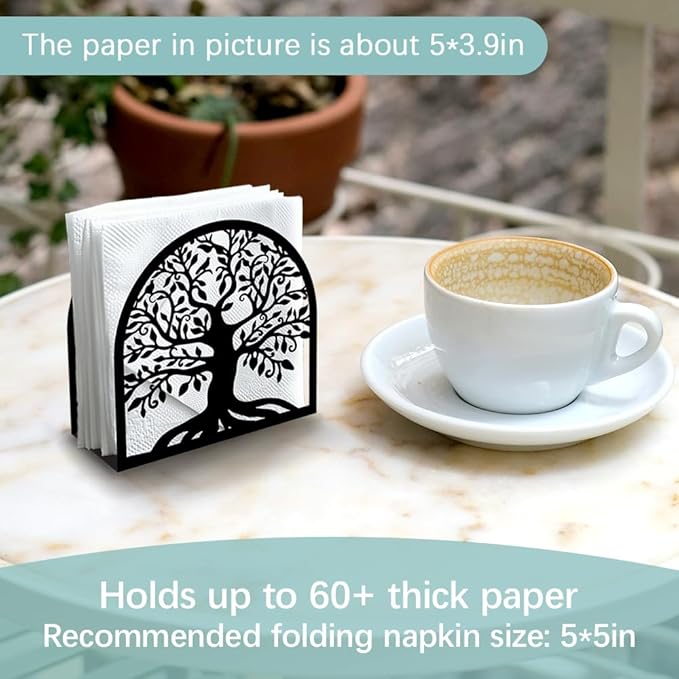 Tree of Life Decorative Black Metal Napkin Holder for Table, 4.9" x 4.9" x 1.9" Standing Napkin Holder for Home Kitchen Restaurant Picnic Party Coffee Bar Dining Room