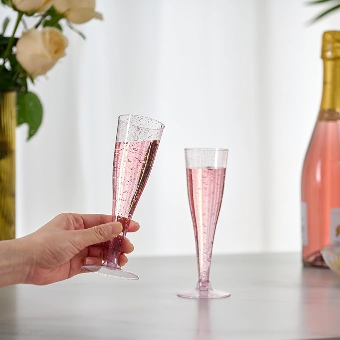 JOLLY CHEF 100 Pack Plastic Champagne Flutes Disposable 4.5 oz Purple Glitter Plastic Champagne Glasses Suitable for Wedding, Thanksgiving Day, Christmas