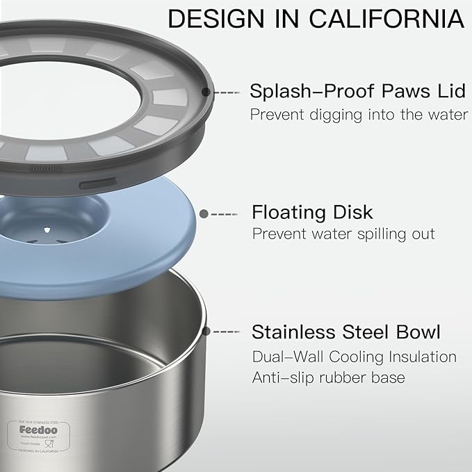1Gallon No Spill Water Bowl for Dogs, Double-Wall Stainless Steel with Splash-Proof Paws Lid and Floating Disk, Non-Slip Base, Easy to Clean Slow Water Feeder for Large Medium Dogs