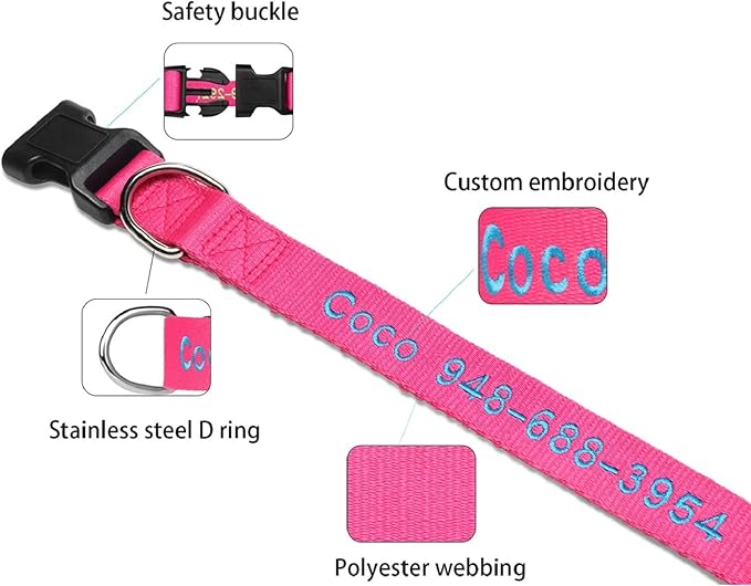 FlowerTown Personalized Dog Collar with Embroidered Name and Phone Number, Custom Dog ID Collars 4 Adjustable Sizes with Safety Release Buckle and D-Ring (Normal), Blue