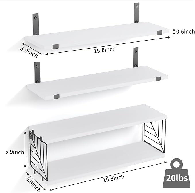 Fixwal 3+1 Tier Bathroom Floating Shelves Over Toilet, 15.8in Farmhouse Rustic Wood Shelves, Wall Decor for Bathroom, Living Room,Bedroom and Kitchen (White)