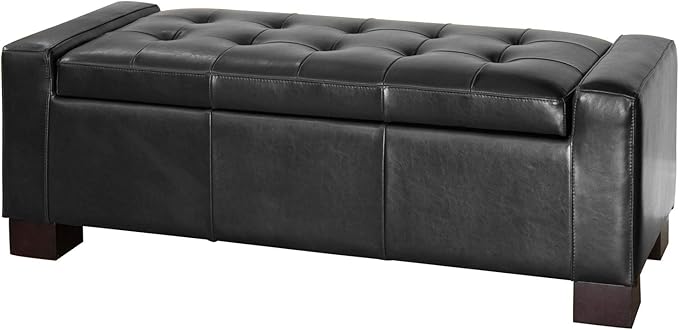 Ball & Cast 50.8" Upholstered Leather Storage Ottoman with Tufted Waffle Stitch,End Bench w/Uses Pressure Hinges and Wood Legs,Entryway Footrest Stool for Living Room & Bedroom,Black