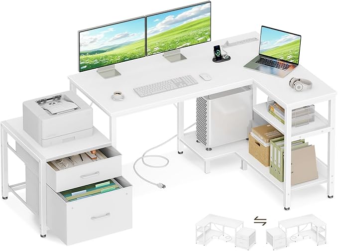 Casaottima L Shaped Desk with Drawers & File Cabinet, Reversible White Computer Desk with Storage Shelves & CPU Stand, Corner Desk with Power Outlets, L Table for Home Office