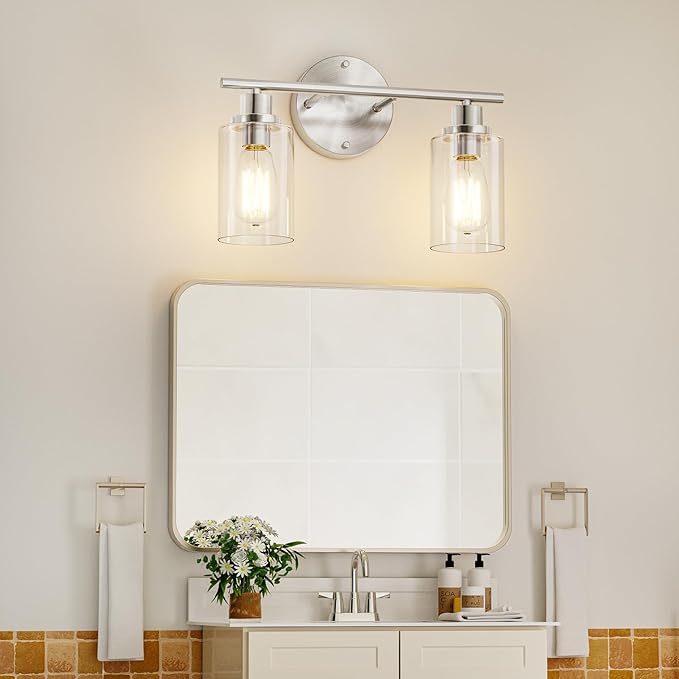 GORDNWE Bathroom Vanity Light Fixtures, 2 Light Brushed Nickel Bathroom Light, Vanity Sconce with E26 Bulb Base, Modern Wall Lights for Mirror, Hallway, Farmhouse