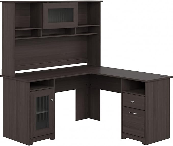 Bush Furniture Cabot L Shaped Desk with Hutch | Corner Desk with Storage for Home Office in Heather Gray | 60W L Shaped Computer Desk