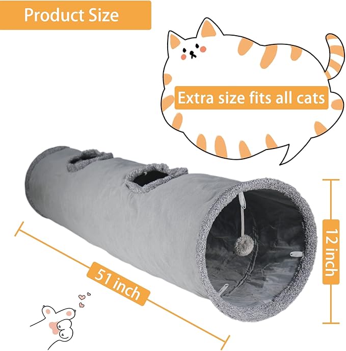 Cat Tunnel for Indoor Cats, 51×12 inch Foldable Big Cat Tunnel, Grey Suede Pet Tunnels with Two Peepholes and a Bubble Ball