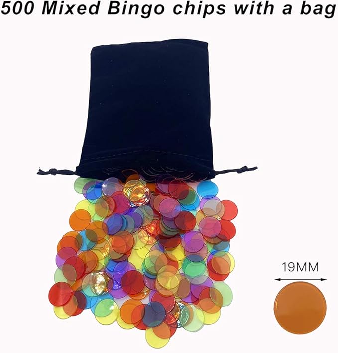 500 Pieces 3/4 inch Transparent 6 Color Bingo Counting Chips with Bag