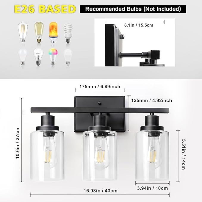 Ascher Bathroom Vanity Light Fixtures, 3 Light Wall Sconces Lighting with Clear Glass Shade, Black Wall Lights for Mirror, Kitchen, Living Room, Gallery, Hallway, E26 Base (Bulbs Not Included)