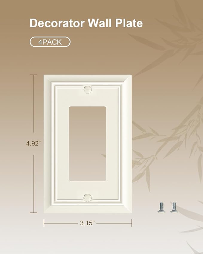 4-Pack Decorator Wall Plate Cover, Light Almond Decorative Switch Plates and Outlet Covers, Durable Natural Bamboo Fiber Wall Plates for Electrical Outlets, Receptacle, GFCI Outlet, Dimmer Switch