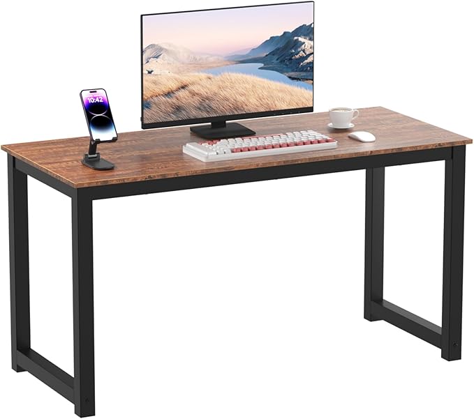 Decoholic 55 Inch Computer Desk, Home & Office PC Laptop Study Writing Table Workstation with Leg Bars, Modern Simple Industrial Style, Rustic Brown
