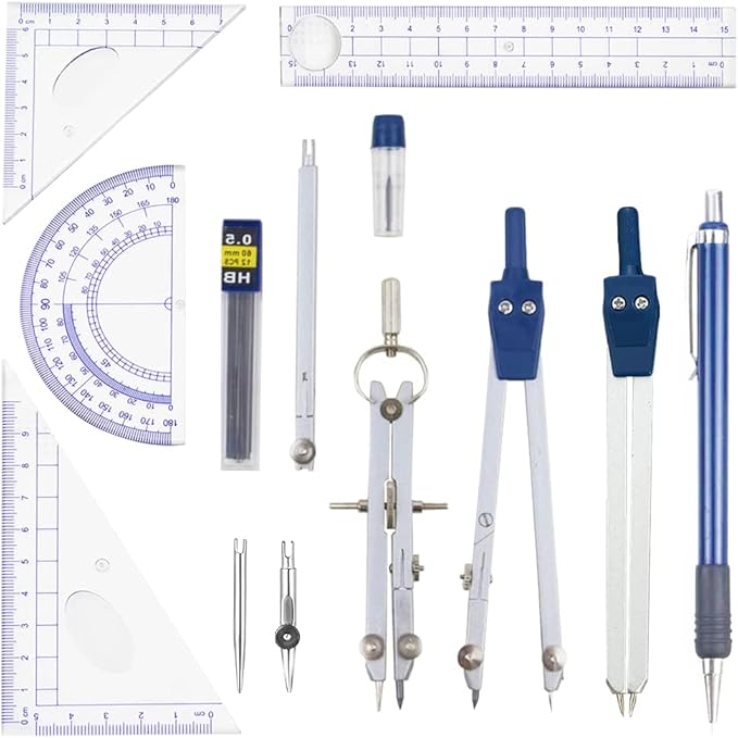 13 Pieces Geometry Set Compass Geometry Tools Math Compass and Protractors Set Metal Drawing Compass Precision Set Graphic Compasses Triangle Rulers Pencils Protractor with Storage Case