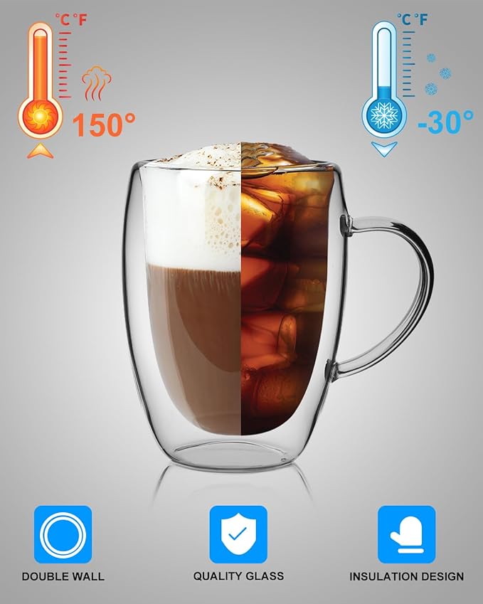 LIBWYS 4 Pack Double Walled Coffee Cups Glasses Mugs 12oz, Espresso Cappuccino Latte Tea Cups with Handle, Heat Resistant Borosilicate Clear Glasses 350ml