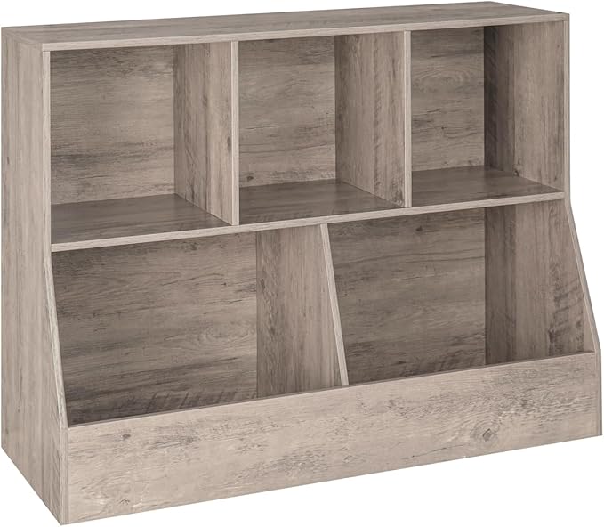 DINZI LVJ Toy Storage Organizer, Kids Bookshelf, Wood Toy Storage Cabinet, 5 Cubby Children Bookcase, 39.4" L Toddler Book Shelf for Playroom, Living Room, Nursery, Hallway, School, Greige