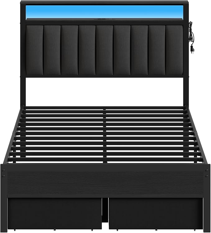 Furnulem Full Size Bed Frame with Charging Station and LED Lights, Grey Upholstered Headboard with Shelves, Metal Platform Bed with 2 Under-Bed Storage (Fabric Drawer on Wheels), No Box Spring Needed