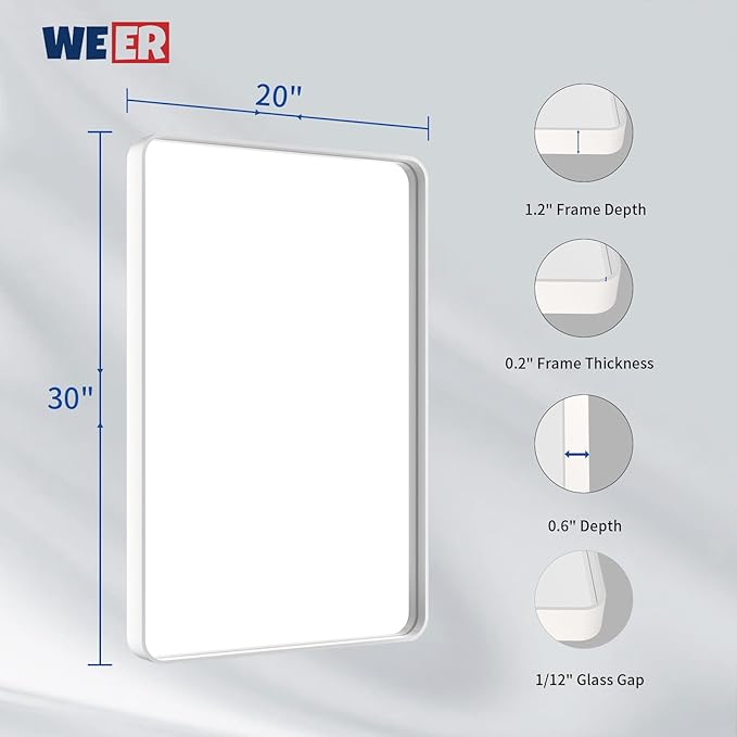 WEER White Bathroom Mirror 20X30 Inch, Rounded Rectangle White Metal Frame Mirror, Matte White Bathroom Vanity Mirror with Tempered Glass, Anti-Rust, Hangs Horizontally or Vertically