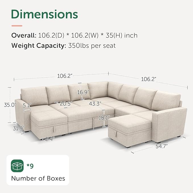 HONBAY Modular Sectional Sleeper Sofa with Pull Out Couch, Oversized U Shaped Sleeper Pull Out Bed with Storage Sectional Couches for Living Room - Beige