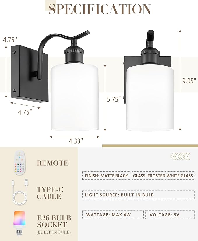 1-Light Bathroom Wall Sconce, Matte Black Modern Wall Light Fixture with Frosted Glass Shade RGB Bulb, RGB 12 Colors Modes Rechargeable Wall lamp for Bedroom Living Room, ZCVL01BK-1B