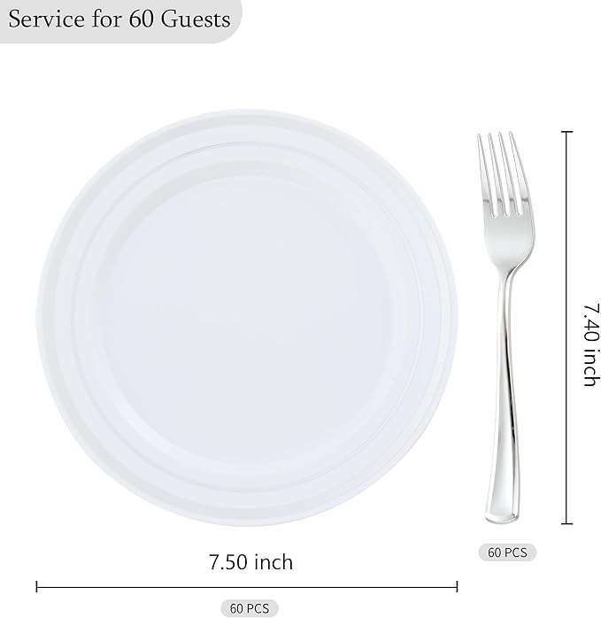 120pcs Silver Dessert Plates with Forks for 60 Guests-60pcs 7.5" Disposable Silver and White Small Plates with 60pcs 7.4" Forks-Cake/Appetizer/Salad Plate for Wedding,Birthday,Party