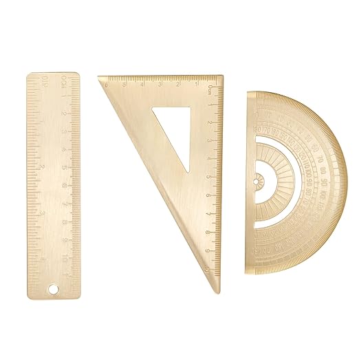 3PCS Brass Ruler Straight Ruler Triangle Ruler Protractor Learning Office Ruler Geometry Set Brass Vintage Stationery Gold