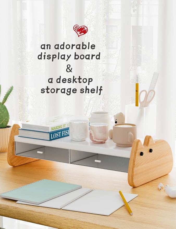 Monitor Stand Riser,Wooden & MDF Computer Desktop Stand with Acrylic Drawer,Laptop Stand Riser Holder ,Table Holder Desk Organizer Storage Stand for Laptop,Printer,TV,15.7 inch,Cute Cat
