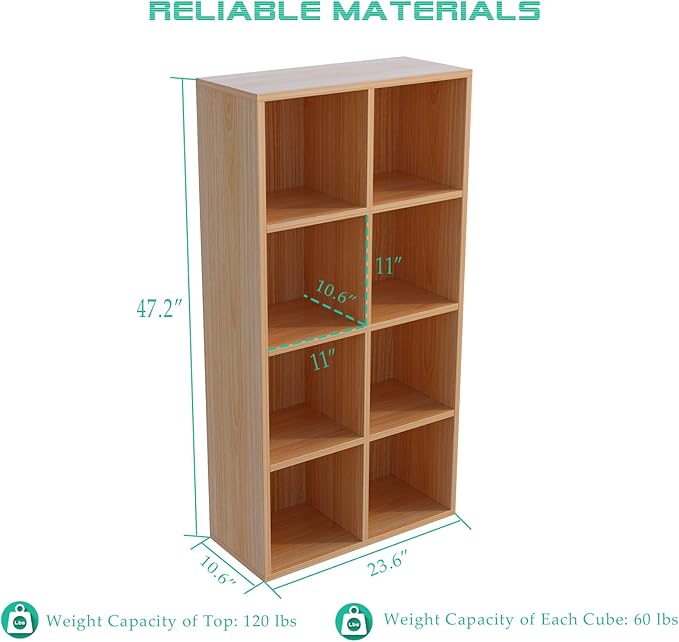8-Cube Storage Shelf Bookcase - Wooden 4-Tier Floor Standing Open Bookshelf for Home and Office, Display Cabinet, Oak