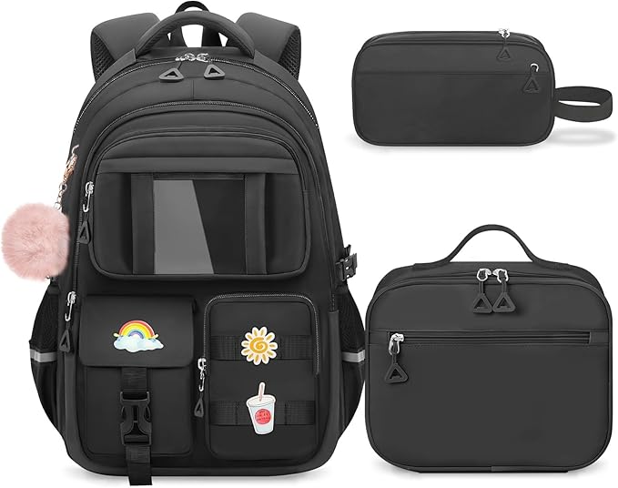 School Backpack for Girls - 5pcs Cute Girls Backpack with Lunch Box for Teens Kids Elementary Middle School - 17″ Students Bookbag Travel Back Pack for Age 6-18