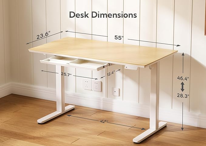 INNOVAR Bamboo Standing Desk with Drawers, 55" Adjustable Stand Up Electric Home Office Desk with Whole-Piece Board, White Frame/Bamboo Top