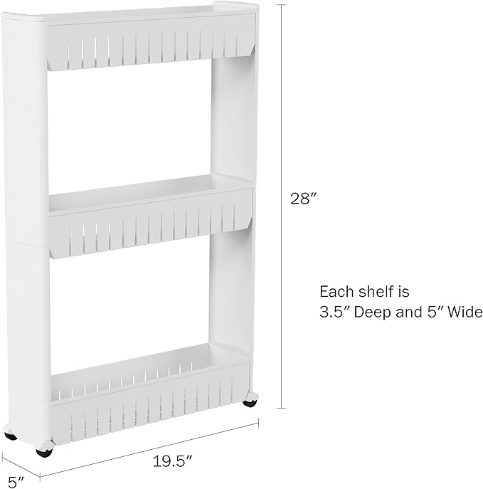 Lavish Home 3 Tier Shelf Rolling Cart - Narrow-Space Kitchen or Bathroom Shelf Organizer Cart - Slim Slide-Out Storage Shelves for Kitchen, Bathroom, Laundry and Pantry
