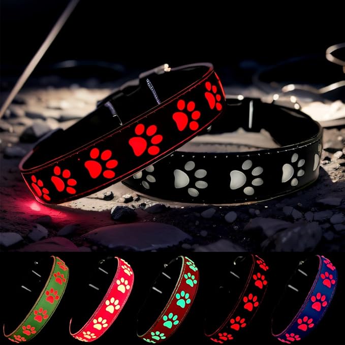 LED Light Up Dog Collar, USB-C Rechargeable, Multicolor Paw Print Design, 15 Modes Lighting Night Safety (Black, S(7.87-11.8"))