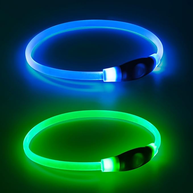 2 Packs Light Up Dog Collar, LED Dog Collar, USB Rechargeable Dog Lights for Night Walking, Adjustable Glow in The Dark Collars for Small Medium Large Dogs, Waterproof Safety Pets Lights Green&Blue