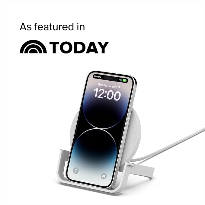Belkin Quick Charge 10W Wireless Charger - Qi-Certified Charger Stand for iPhone, Samsung Galaxy - Charge While Listening to Music, Streaming Videos, & Video Calling - Includes AC Adapter - White