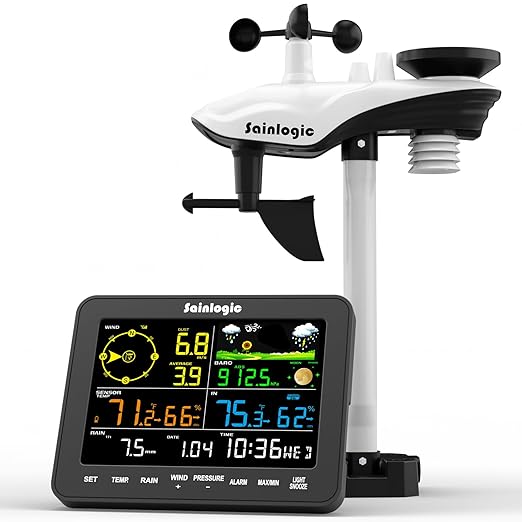 Sainlogic Weather Stations Wireless Indoor Outdoor, Weather Station with Rain Gauge and Wind Speed, Weather Forecast, Temperature, Air Pressure, Humidity, Moon Phase, Alarm Clock(No WiFi)