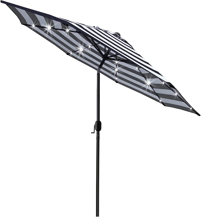 Sunnyglade 9' Solar 24 LED Lighted Umbrella with 8 Ribs Adjustment and Crank Lift System for Patio - Black and White