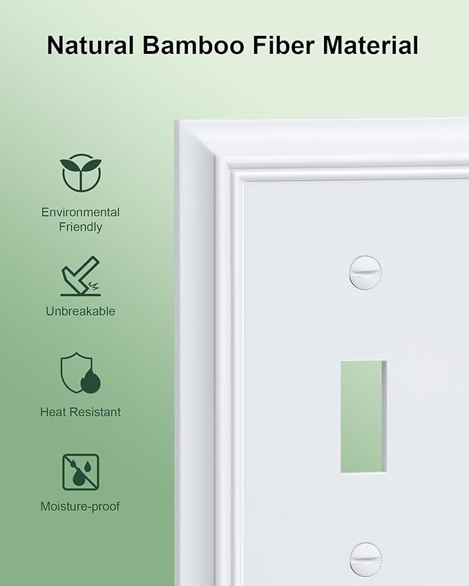 6-Pack Single Toggle Light Switch Cover Plate, Durable Natural Bamboo Fiber Decorative Switch Plate Covers, Pure White 1 Gang Wall Plate, Corrosion Resistant