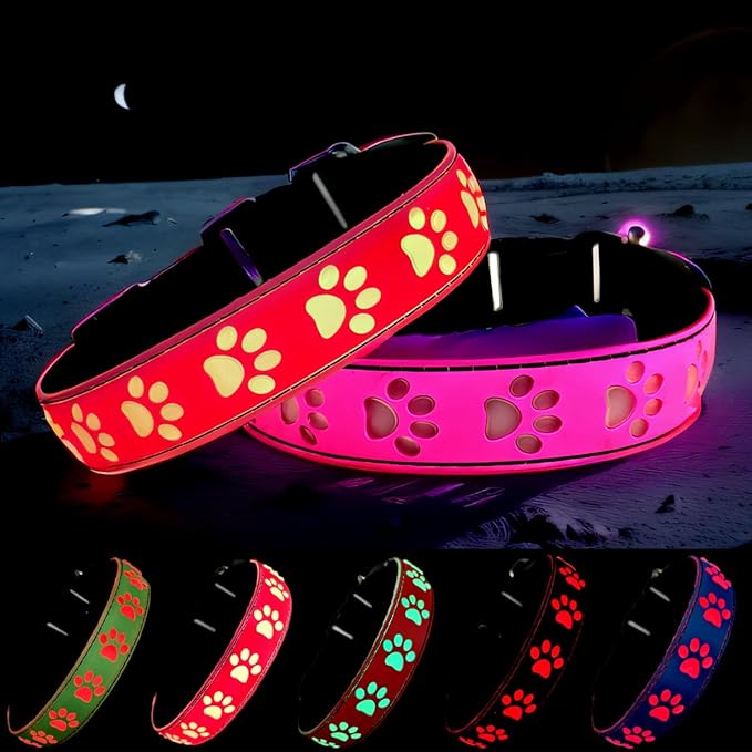 LED Light Up Dog Collar, USB-C Rechargeable, Multicolor Paw Print Design, 15 Modes Lighting Night Safety (Pink, XL(19.7-23.6"))