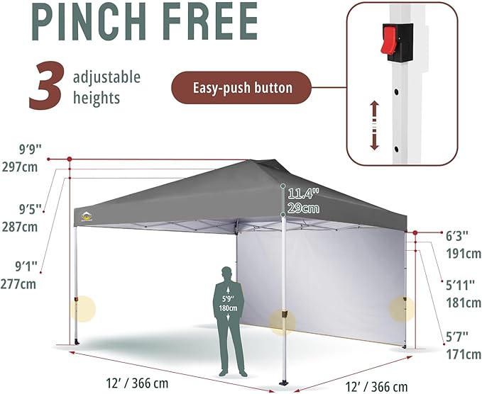 CROWN SHADES 12x12 Pop Up Canopy Tent Instant Commercial with 150D Silver Coated Fabric Including 1 Removable Sidewall, 4 Ropes, 8 Stakes, Weight Bags, STO 'N Go Bag, Grid Grey