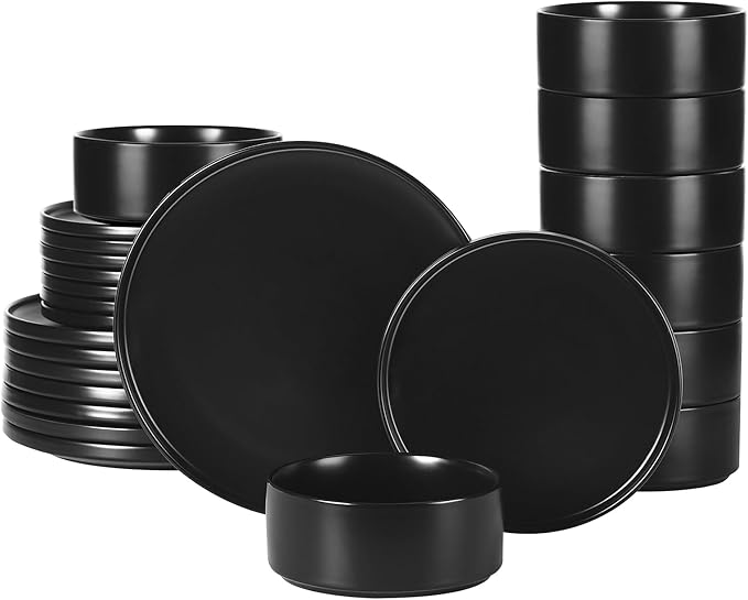 GZG Classic Series - Plates and Bowls Set for 8, 24 Piece Stoneware Dinnerware Sets, Microwave and Dishwasher Safe Lead-Free Handcrafted Ceramic Dishes Set - Matte Black