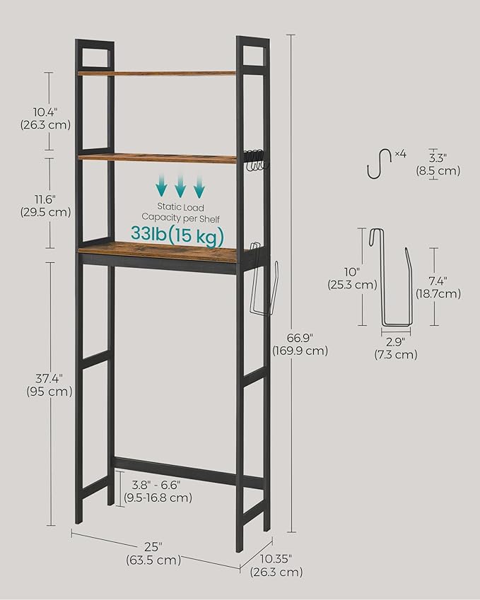SONGMICS Over-The-Toilet Storage, 3-Tier Bathroom Organizer Over Toilet with Adjustable Shelves, Hooks, Bamboo, Freestanding Space Saver Bathroom Shelves, Rustic Brown and Ink Black UBTS012B01