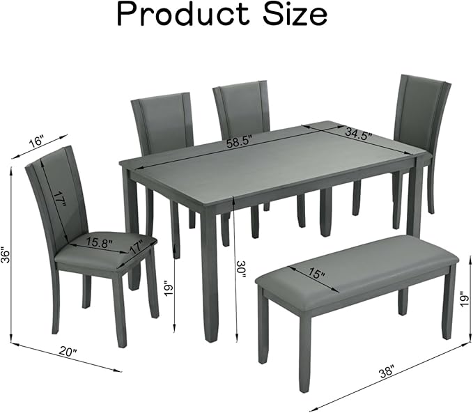 Dining Table Set for 5, 6-Piece Kitchen Table & Chairs Set with Rectangular Table, Bench & 4 Upholstered Chairs, 58'' Dinner Set with Rubber Wood Legs & Curved Backrest for Kitchen, Gray
