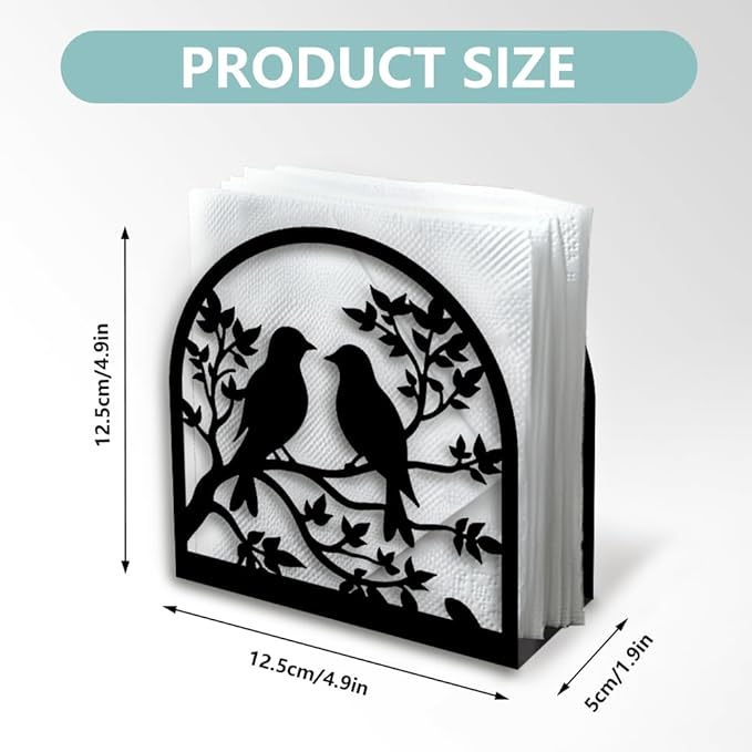Birds on Branch Decorative Black Metal Napkin Holder for Table, 4.9" x 4.9" x 1.9" Standing Napkin Holder for Home Kitchen Restaurant Picnic Party Coffee Bar Dining Room