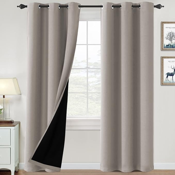 H.VERSAILTEX 100% Blackout Curtains for Bedroom Thermal Insulated Blackout Curtains 84 inch Length Heat and Full Light Blocking Curtains for Living Room with Black Liner 2 Panels Set, Warm Taupe