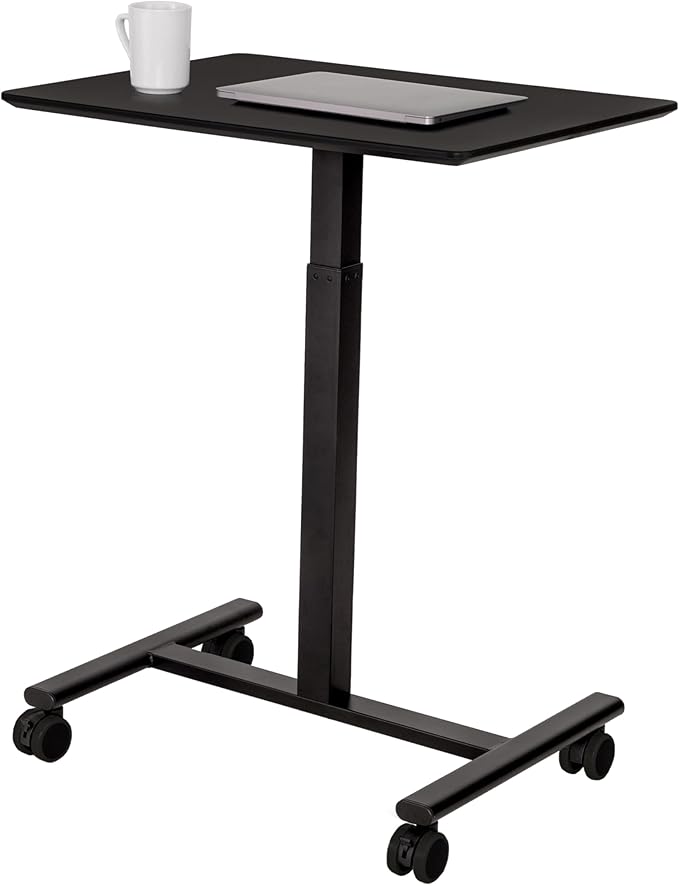 Seville Classics Airlift Height Adjustable Pneumatic Laptop Sit Stand Desk Mobile Rolling Cart, Computer Workstation for Home Office, Classroom, Black, 25.6" Desktop