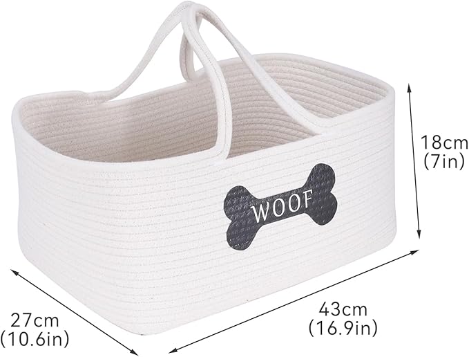Woven Dog Toys Basket,Cotton Rope Baskets for Dog Cat Accessories,Pet Storage Tote with Long Handle for Snack and Camping Essentials,Ideal for Car Trunk, RV trip,Picnic