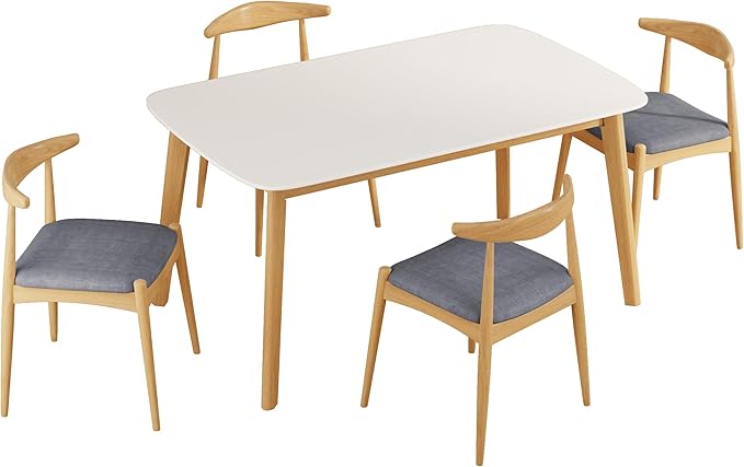 5-Piece Dining Set, Mid-Century Modern Solid Wood Table & Chair Set for 4, Kitchen, Dining Room, Restaurant, Natural Oak+Gray
