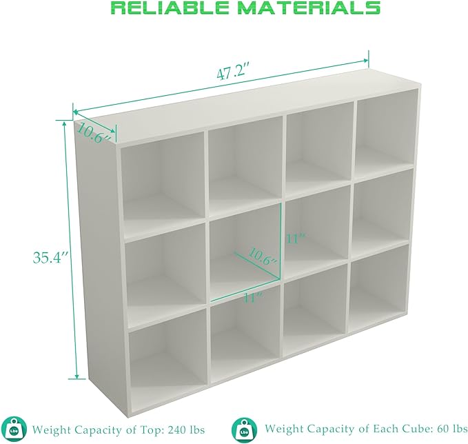 12-Cube Storage Shelf Bookcase - Wooden 3-Tier Floor Standing Open Bookshelf for Home and Office, Display Cabinet, Warm White