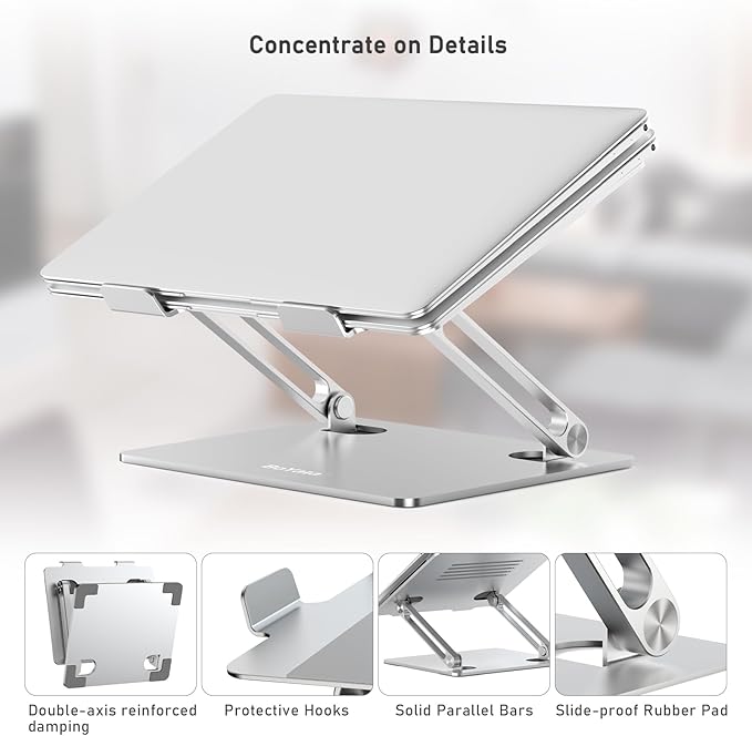 BoYata Laptop Stand, Adjustable Laptop Riser with Slide-Proof Silicone and Protective Hooks, Aluminum Notebook Stand for Laptop up to 15 Inches, Laptop Holder Compatible for MacBook (Silver-2)