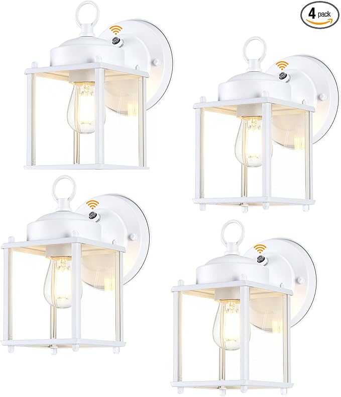 Dusk to Dawn Outdoor Wall Lantern, Modern Exterior Light Fixtures, Waterproof Front Door Wall Lighting with Clear Glass, White Outdoor Wall Lights for House, Garage, 4-Pack