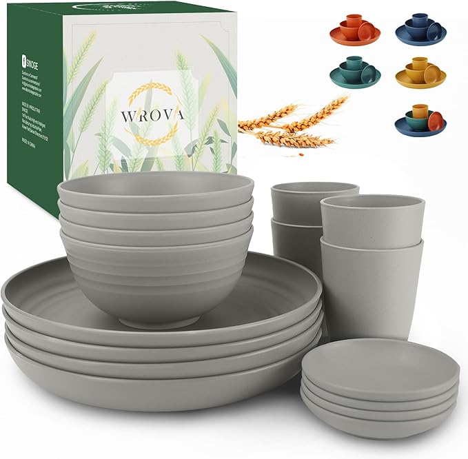 Wrova Wheat straw plates and bowls sets of 16 - Unbreakable wheat straw dinnerware sets for party - Alternative plastic dinnerware set for camping,party and R.V. Grey